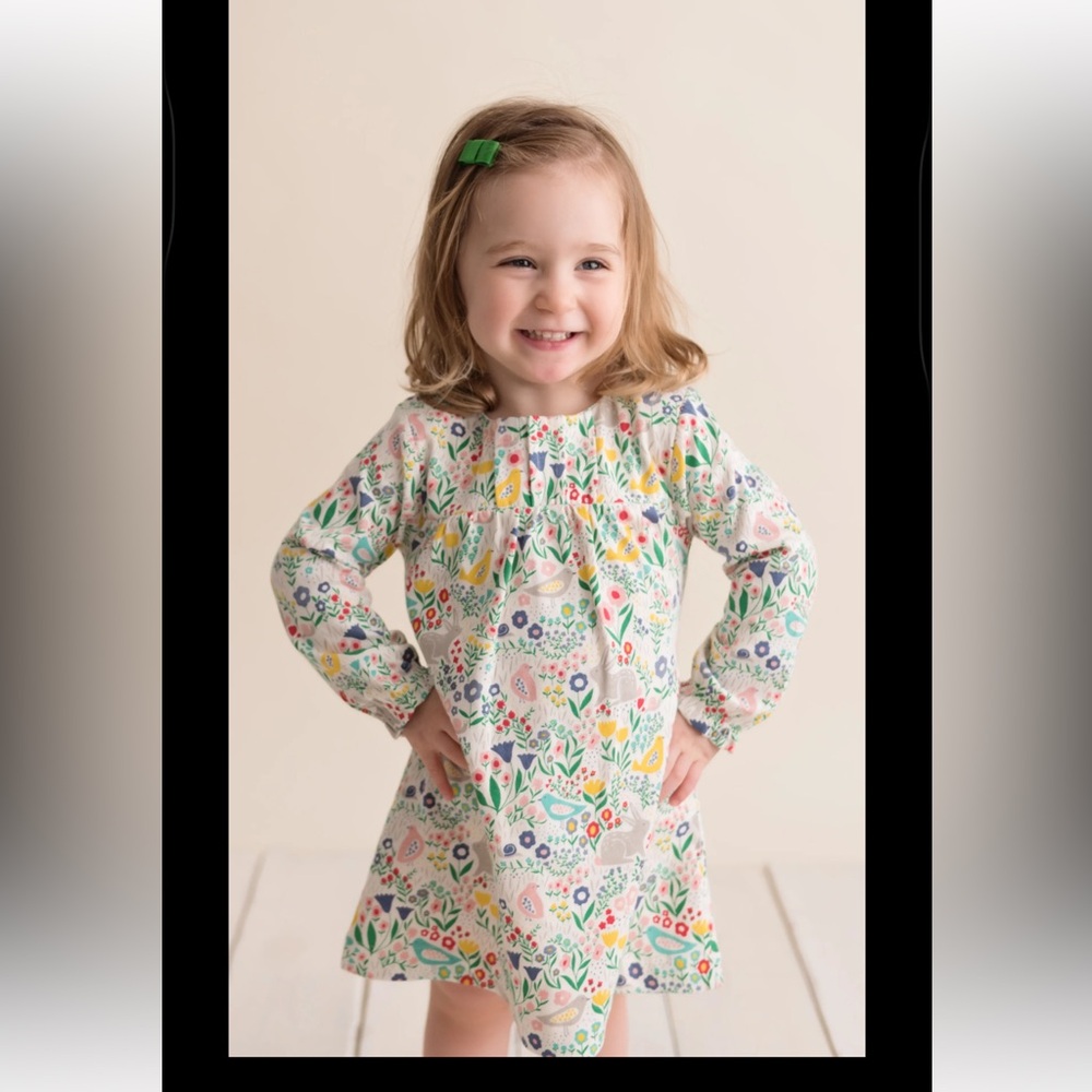 Baby Boden Ariel long sleeve twirly dress organic cotton bunny nature 6-12 month